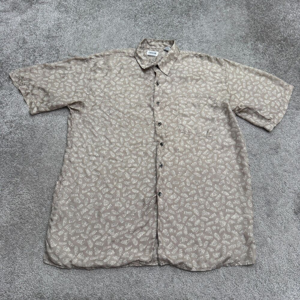Cezar Abstract Short Sleeve Button Up Shirt Men XL Tan Brown 100% Silk Beach EUC